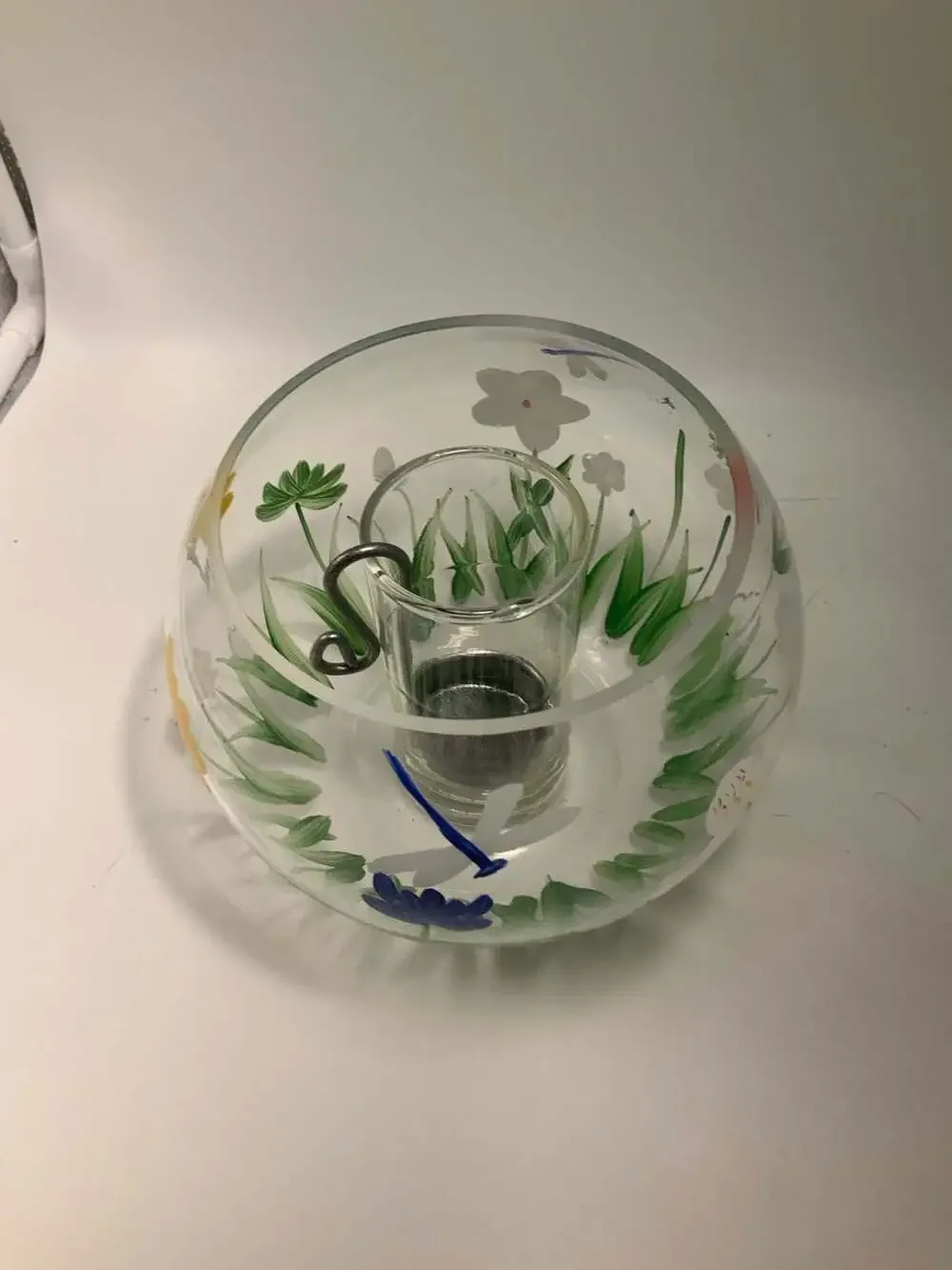Royal Danube Hand Painted Floral and Butterfly Glass Bowl with Center Insert